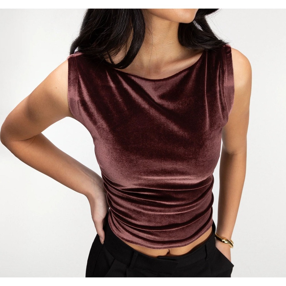 Oak &‎ Fort Women's Velvet Sleeveless Ruched Sides Tank Top - Chocolate - M